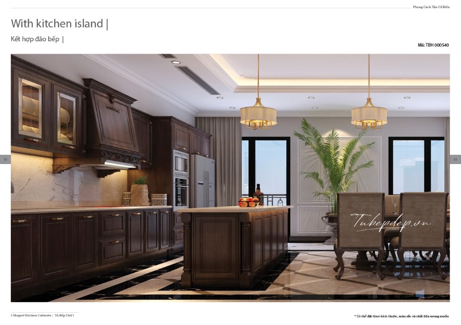 Thiết kế phòng bếp nhà phố tân cổ điển gỗ óc chó